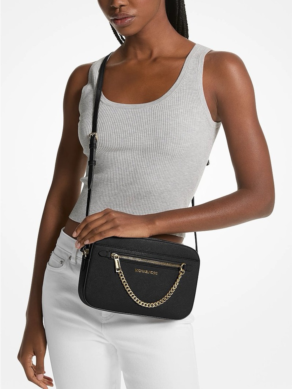 Michael Kors Jet Set Large Saffiano Leather Crossbody Bag, Black/Gold, NWT